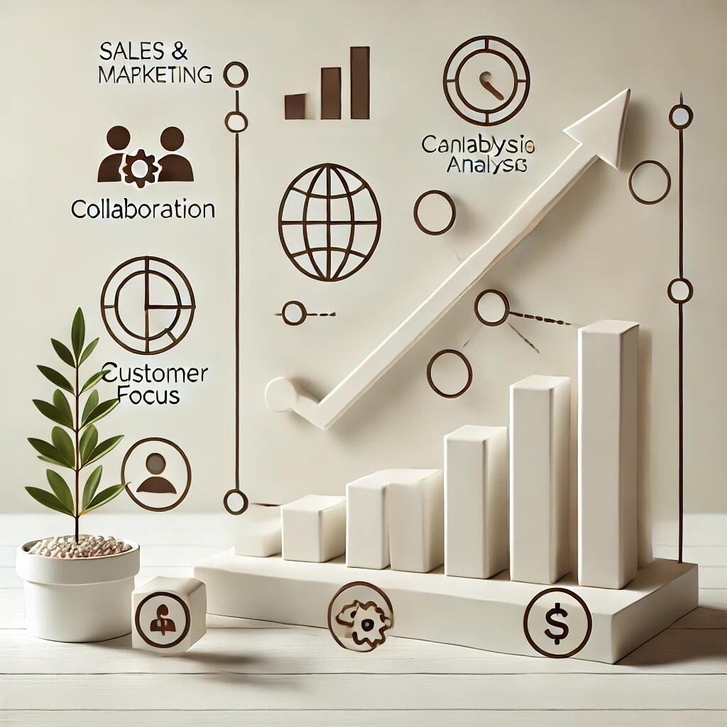 DALL·E 2024-12-18 11.02.39 - A minimalistic conceptual image for a sales and marketing plan. The image features a simple chart with upward arrows s